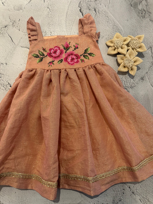 Peach Chanderi Tissue Cross-Stitch Pleated Sleeve Frock
