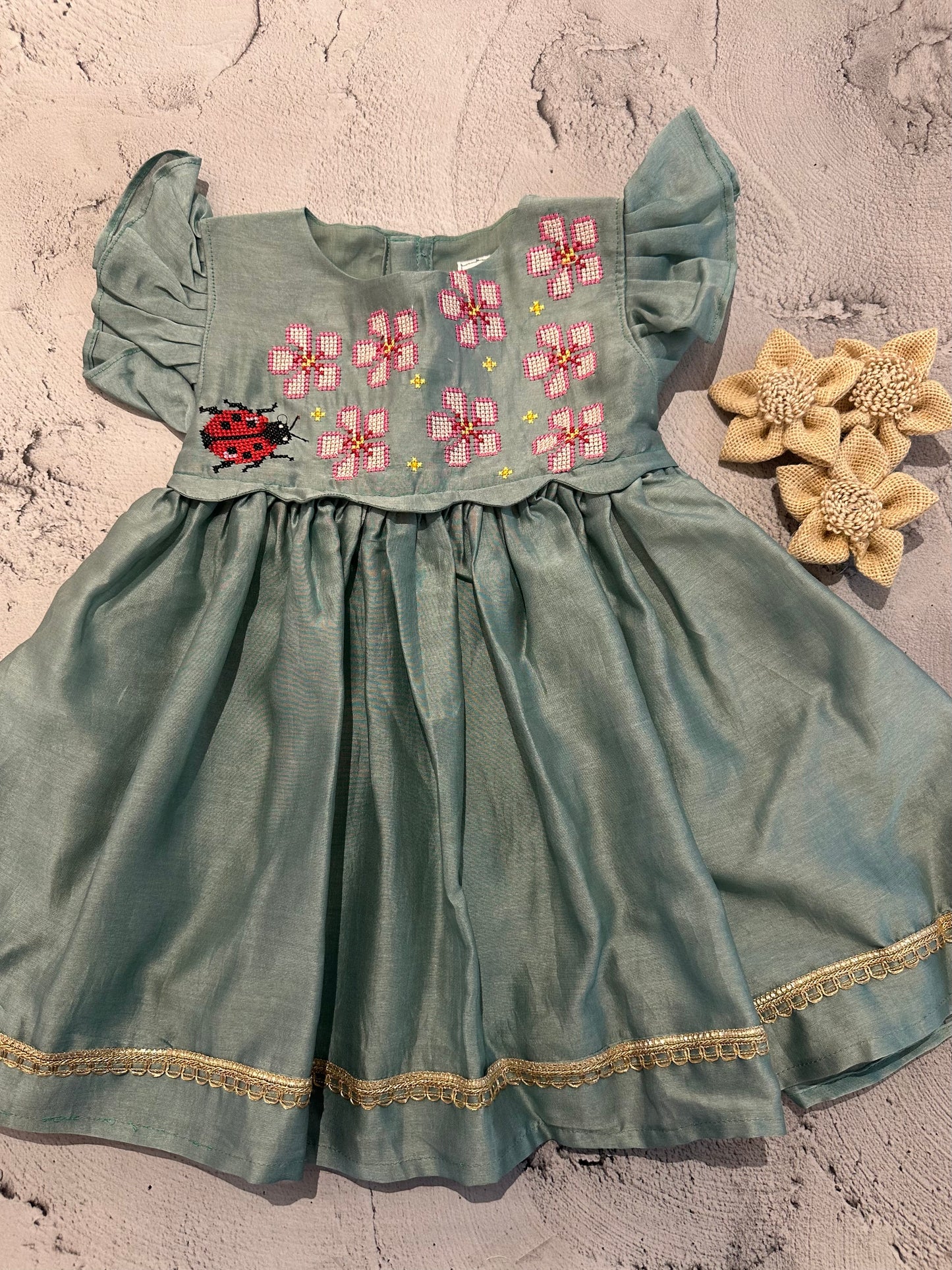 Mint blue Chanderi Cross-Stitch Frock with Flutter Sleeves