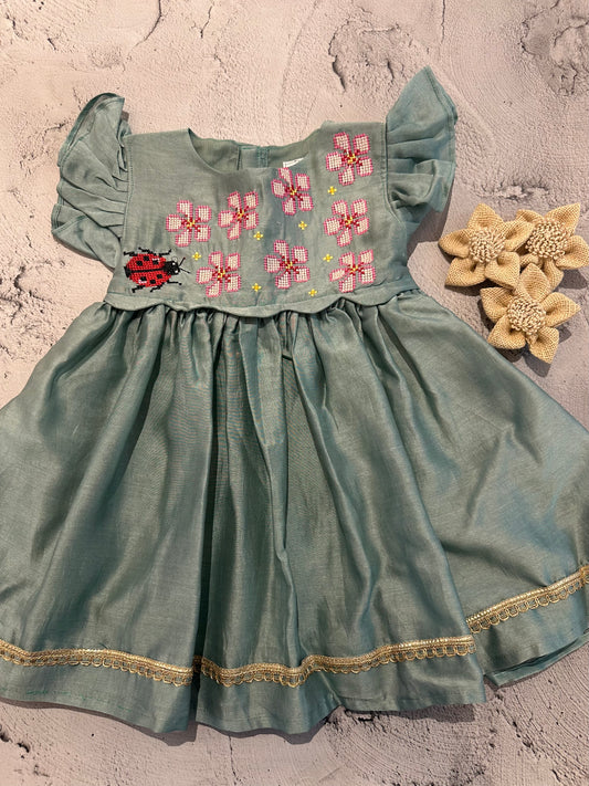 Mint blue Chanderi Cross-Stitch Frock with Flutter Sleeves