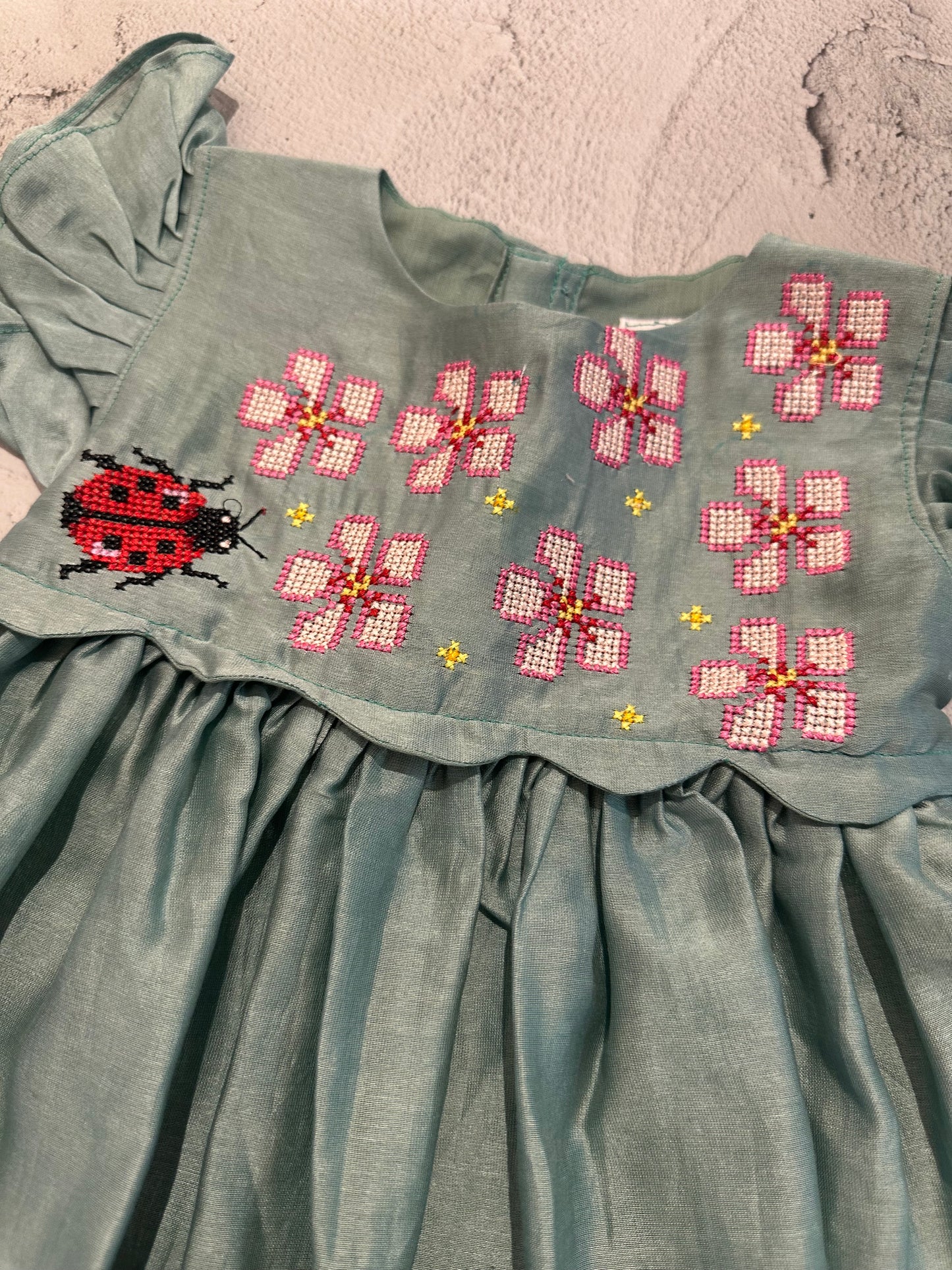 Mint blue Chanderi Cross-Stitch Frock with Flutter Sleeves