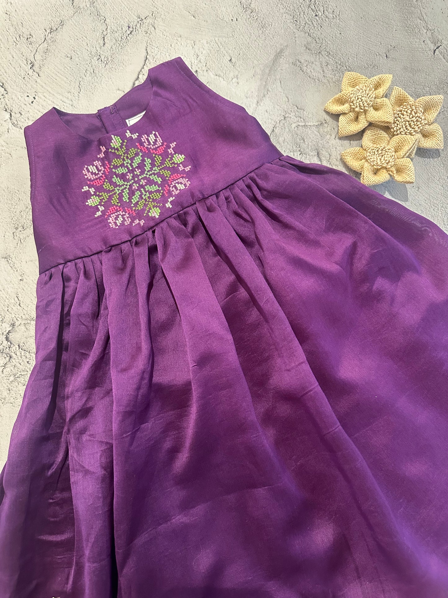 Purple Chanderi Kolam-Inspired Cross-Stitch High–Low Frock