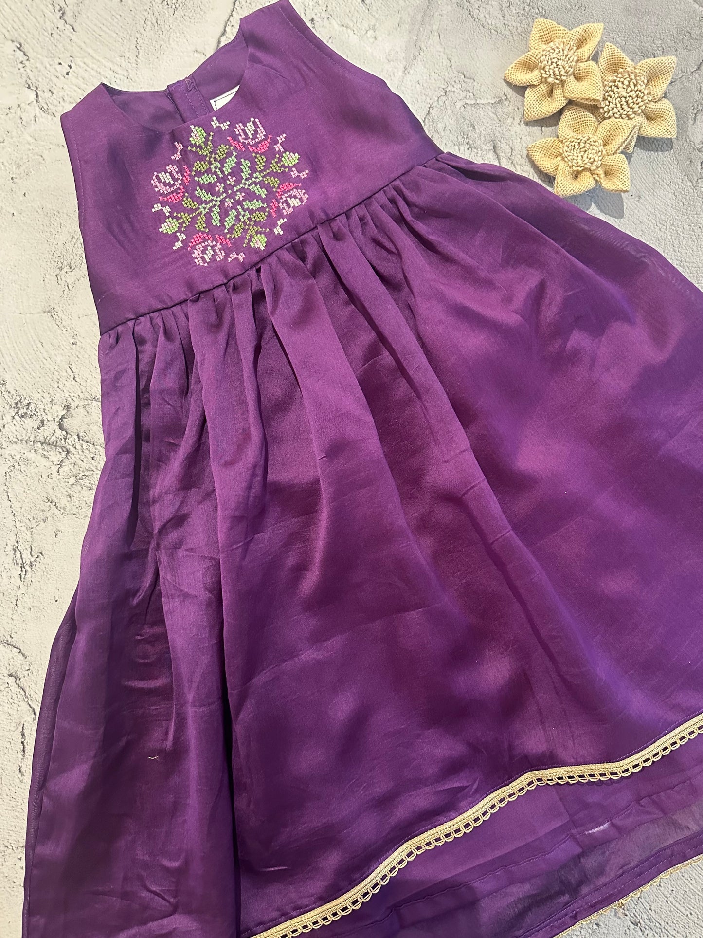 Purple Chanderi Kolam-Inspired Cross-Stitch High–Low Frock