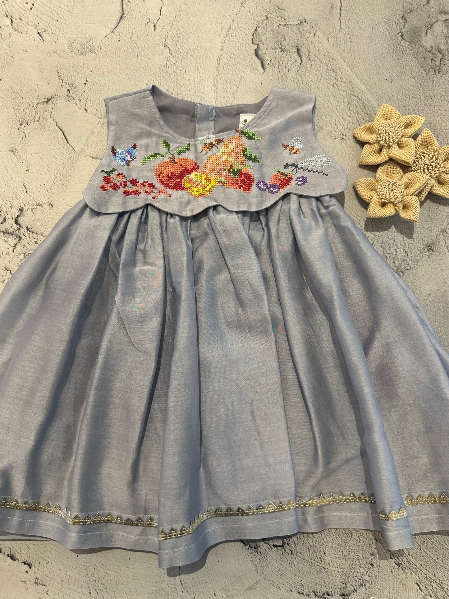 Light Grey Cross-Stitch Scallop Yoke Frock