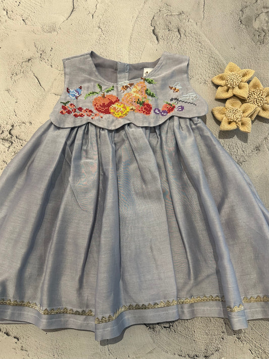 Light Grey Cross-Stitch Scallop Yoke Frock