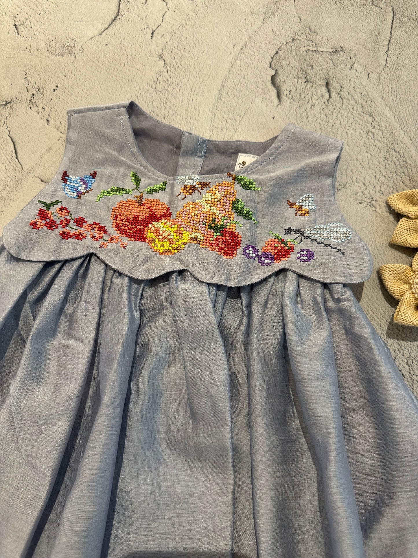 Light Grey Cross-Stitch Scallop Yoke Frock