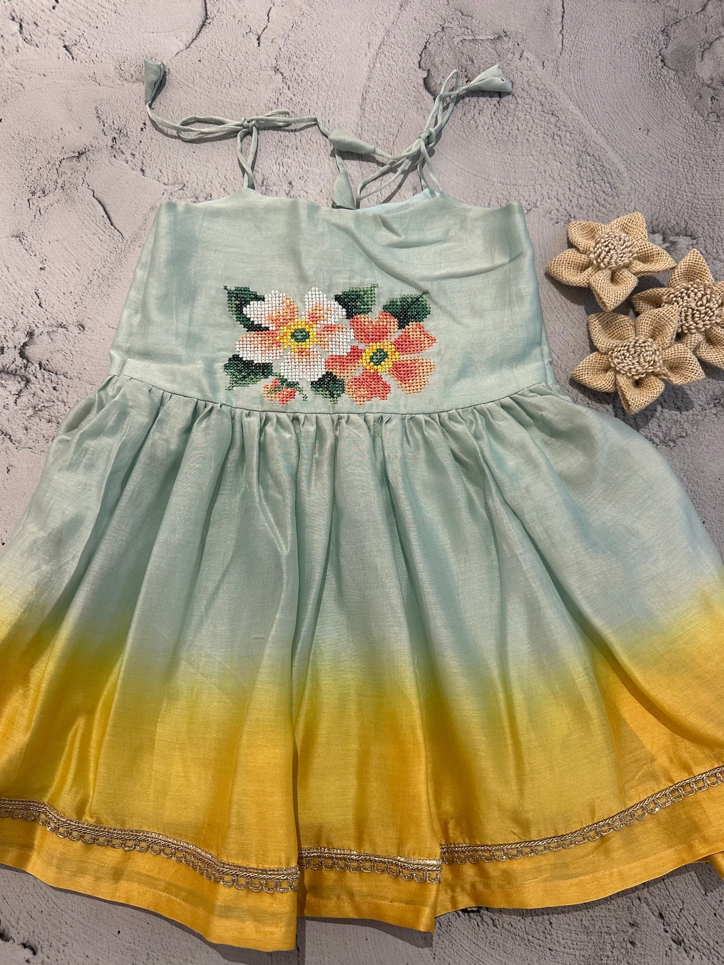 Mint–Yellow Ombre Cross-Stitch Tie Dress