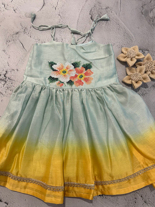 Mint–Yellow Ombre Cross-Stitch Tie Dress