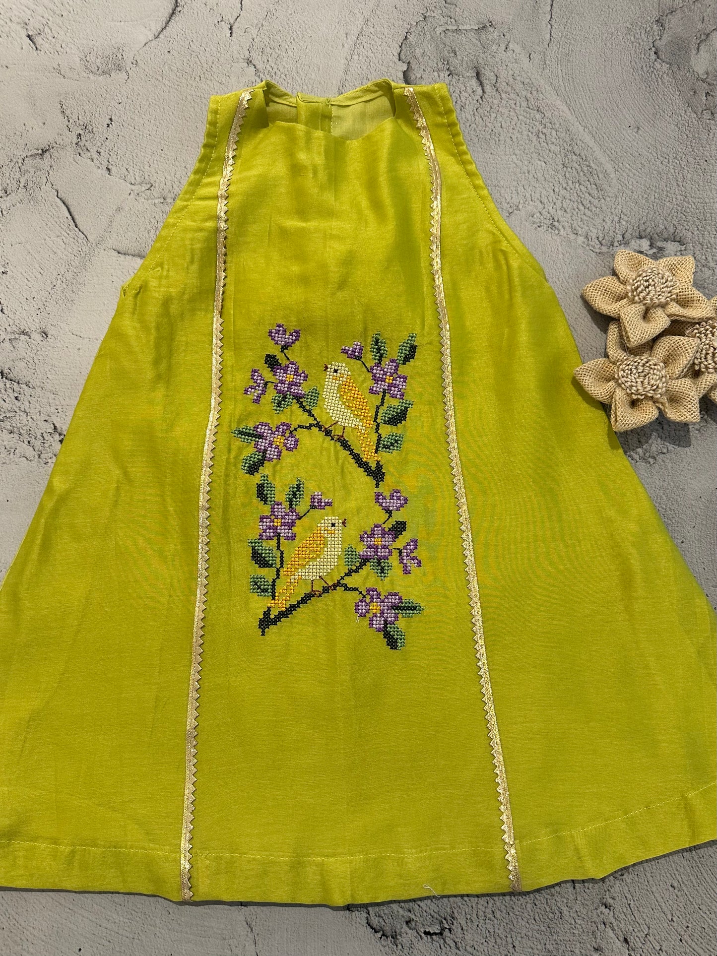 Lime Green Chanderi Panelled Frock with Bird Cross-Stitch