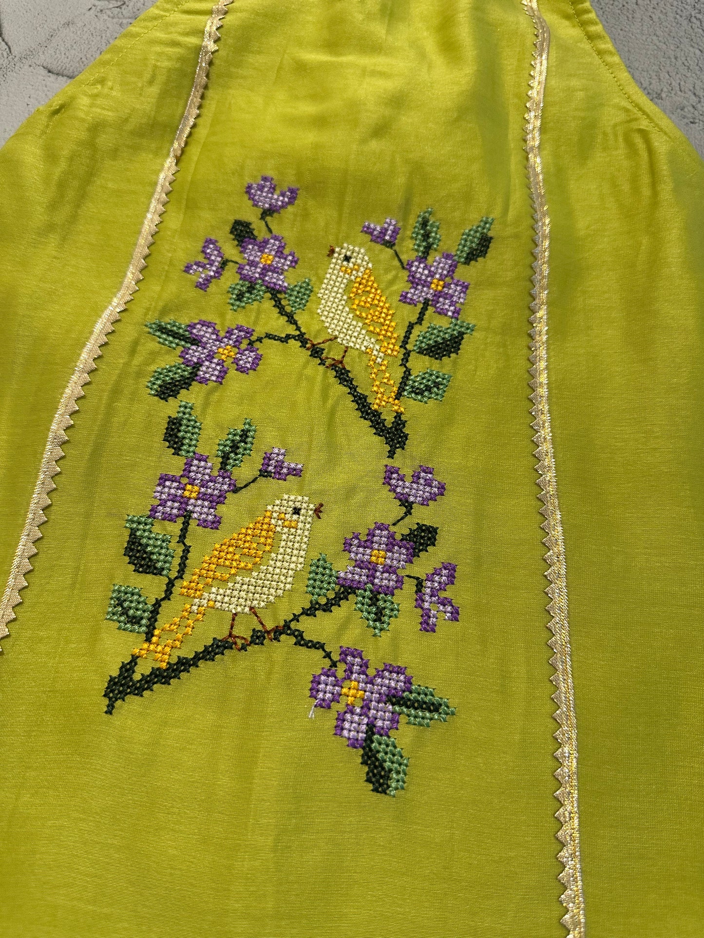 Lime Green Chanderi Panelled Frock with Bird Cross-Stitch