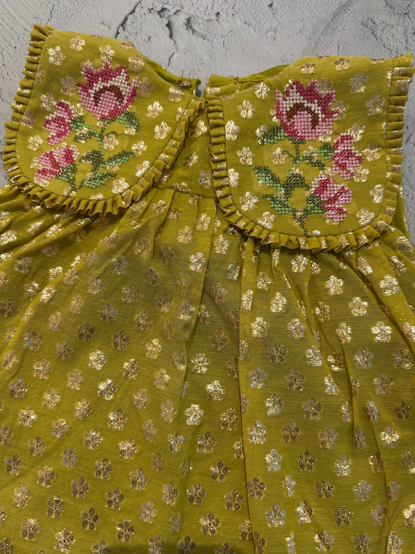 Lime Green Peter Pan Collar Cross-Stitch A-Line Dress