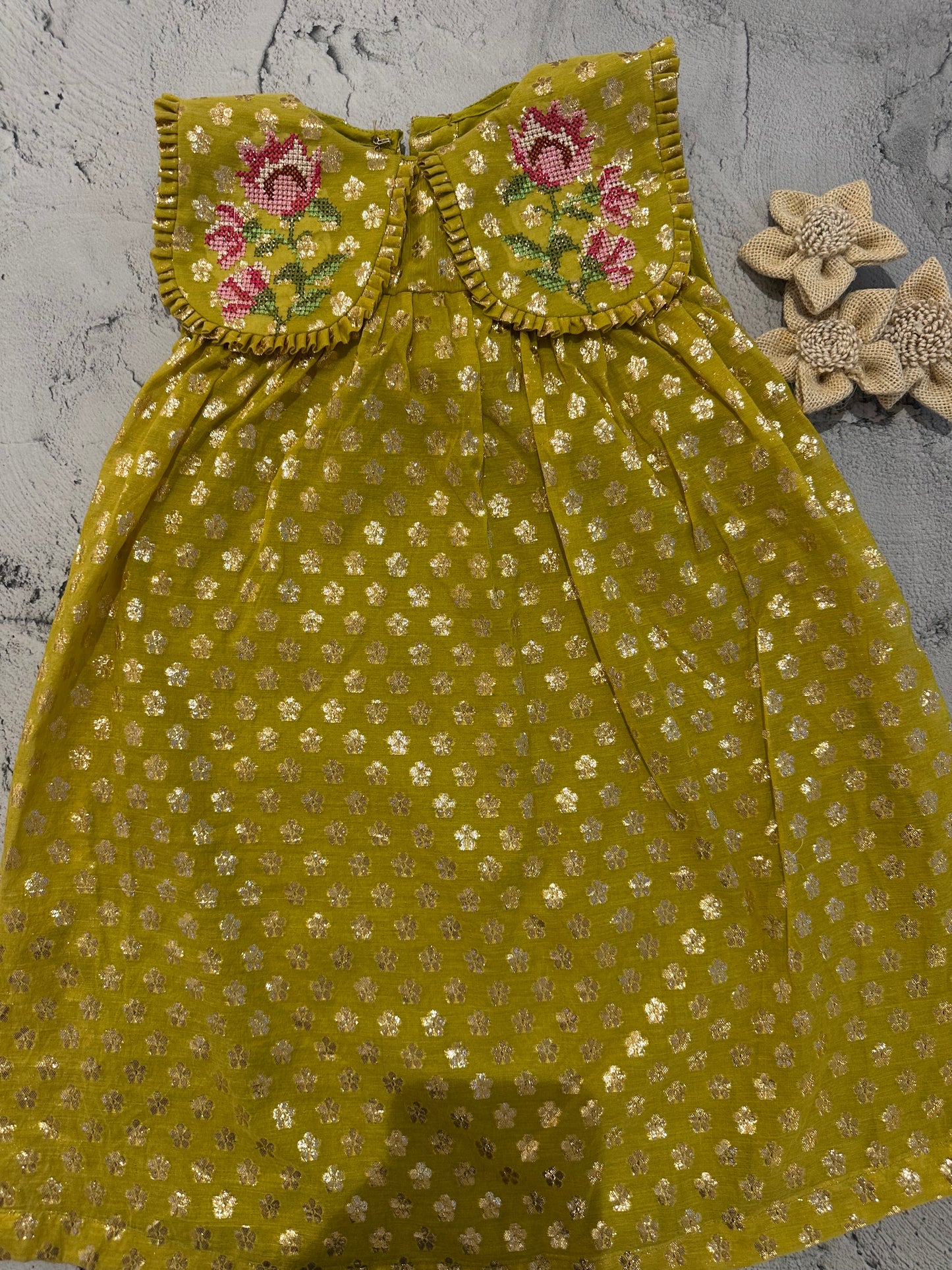 Lime Green Peter Pan Collar Cross-Stitch A-Line Dress