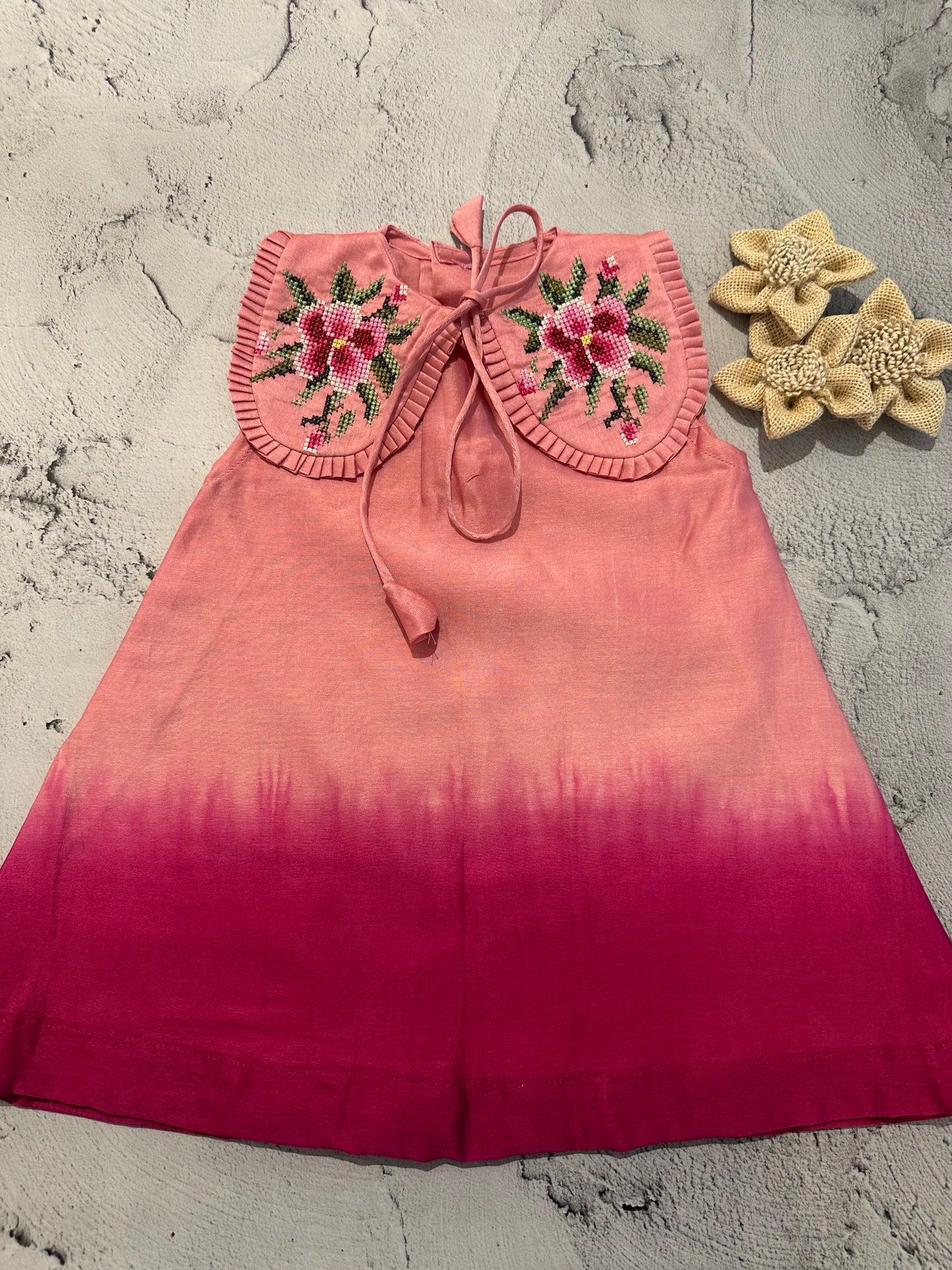 Peach–Rose Ombre Cross-Stitch Collar Dress