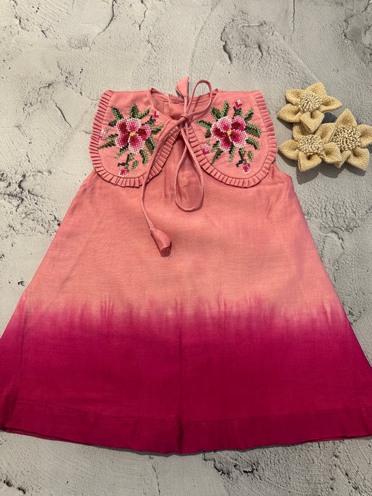 Peach–Rose Ombre Cross-Stitch Collar Dress