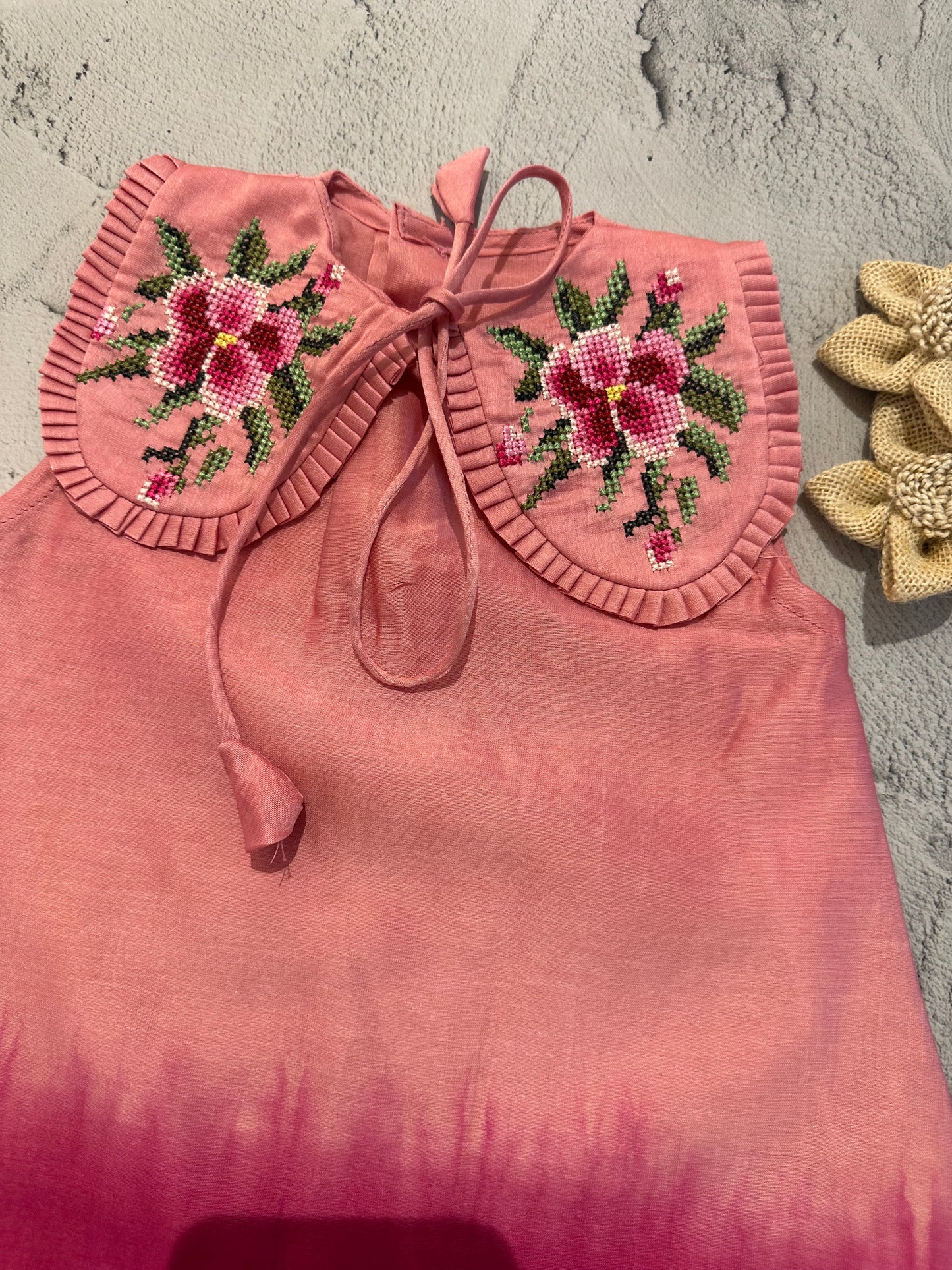 Peach–Rose Ombre Cross-Stitch Collar Dress