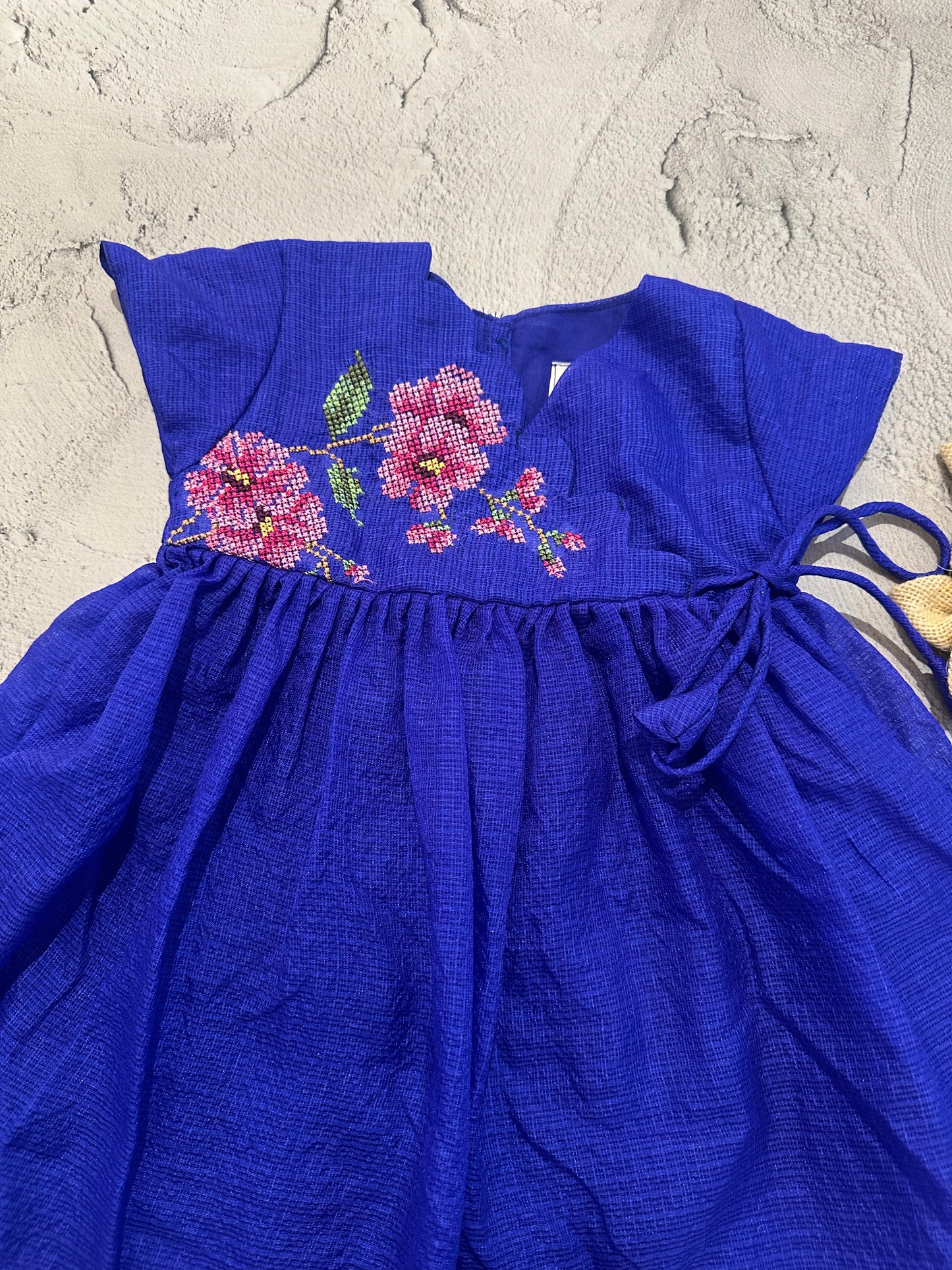 Blue Floral Cross-Stitch Angarkha Frock
