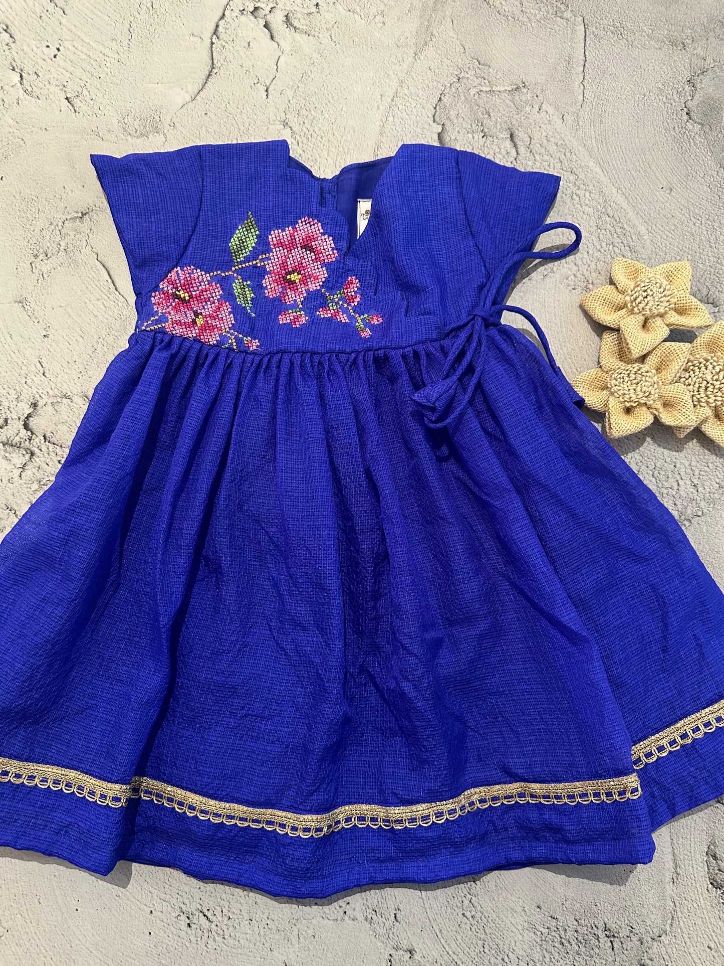 Blue Floral Cross-Stitch Angarkha Frock