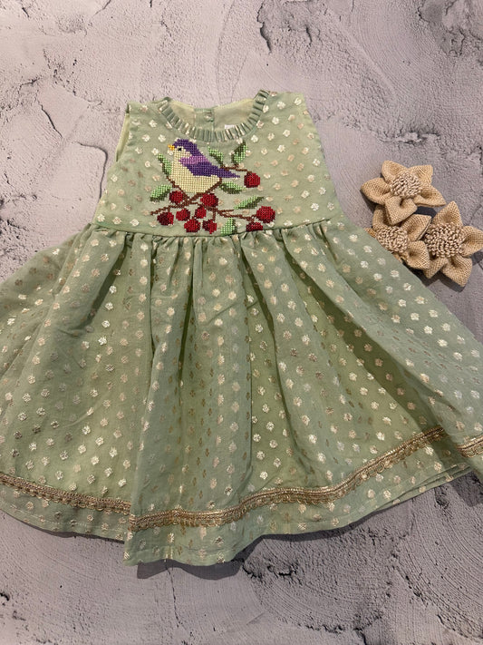 Mint Green Bird Cross-Stitch Dress