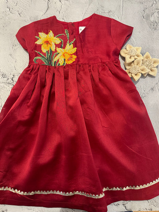 golden daffodil Red Cross stitch angarakha frock