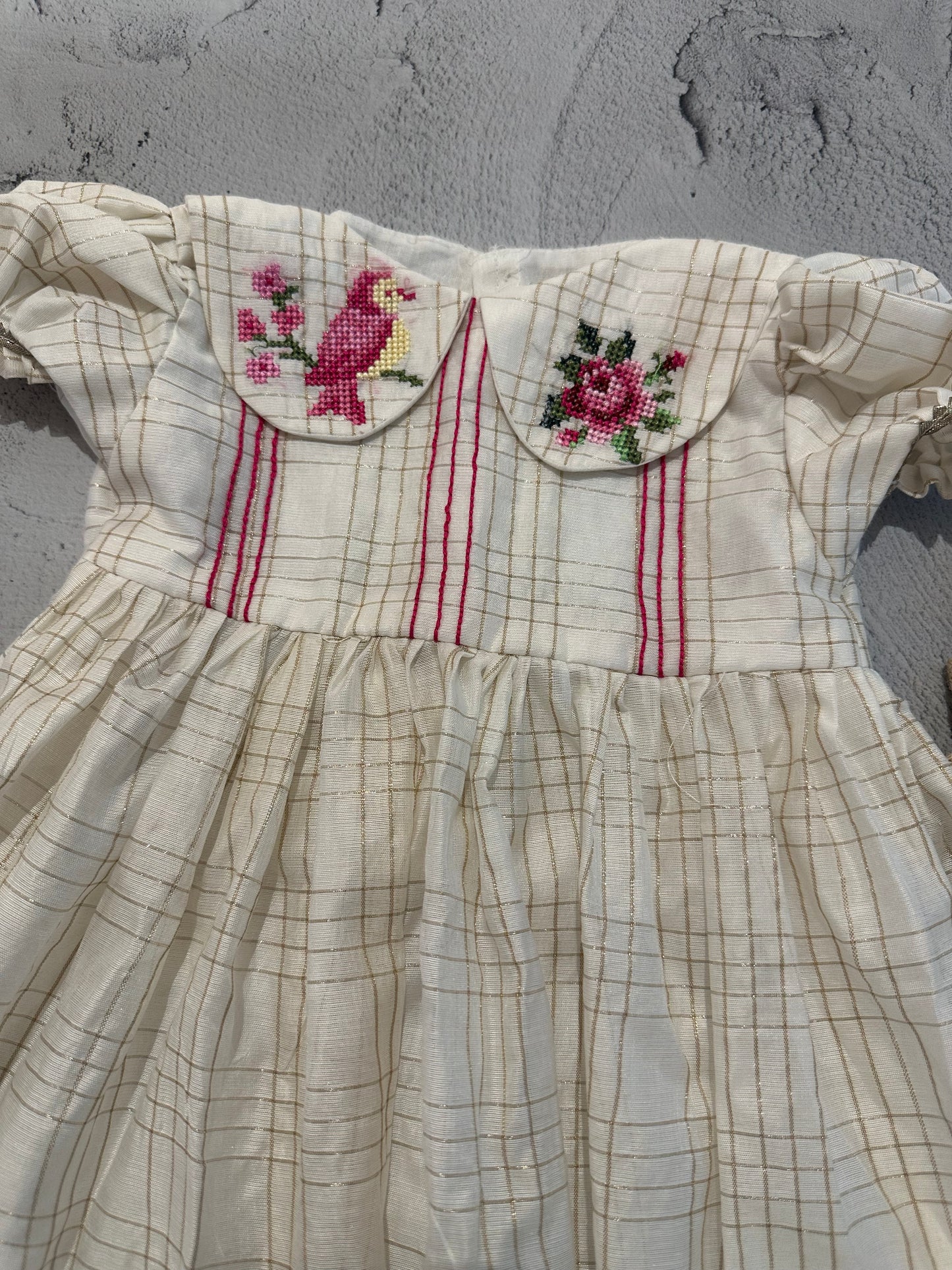 Off-White Chanderi Check Dress with Cross-Stitch Collar