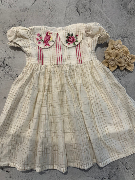 Off-White Chanderi Check Dress with Cross-Stitch Collar