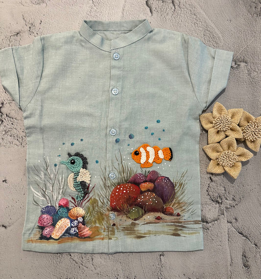 Ocean Tales Blue Hand-Painted & Crochet Shirt