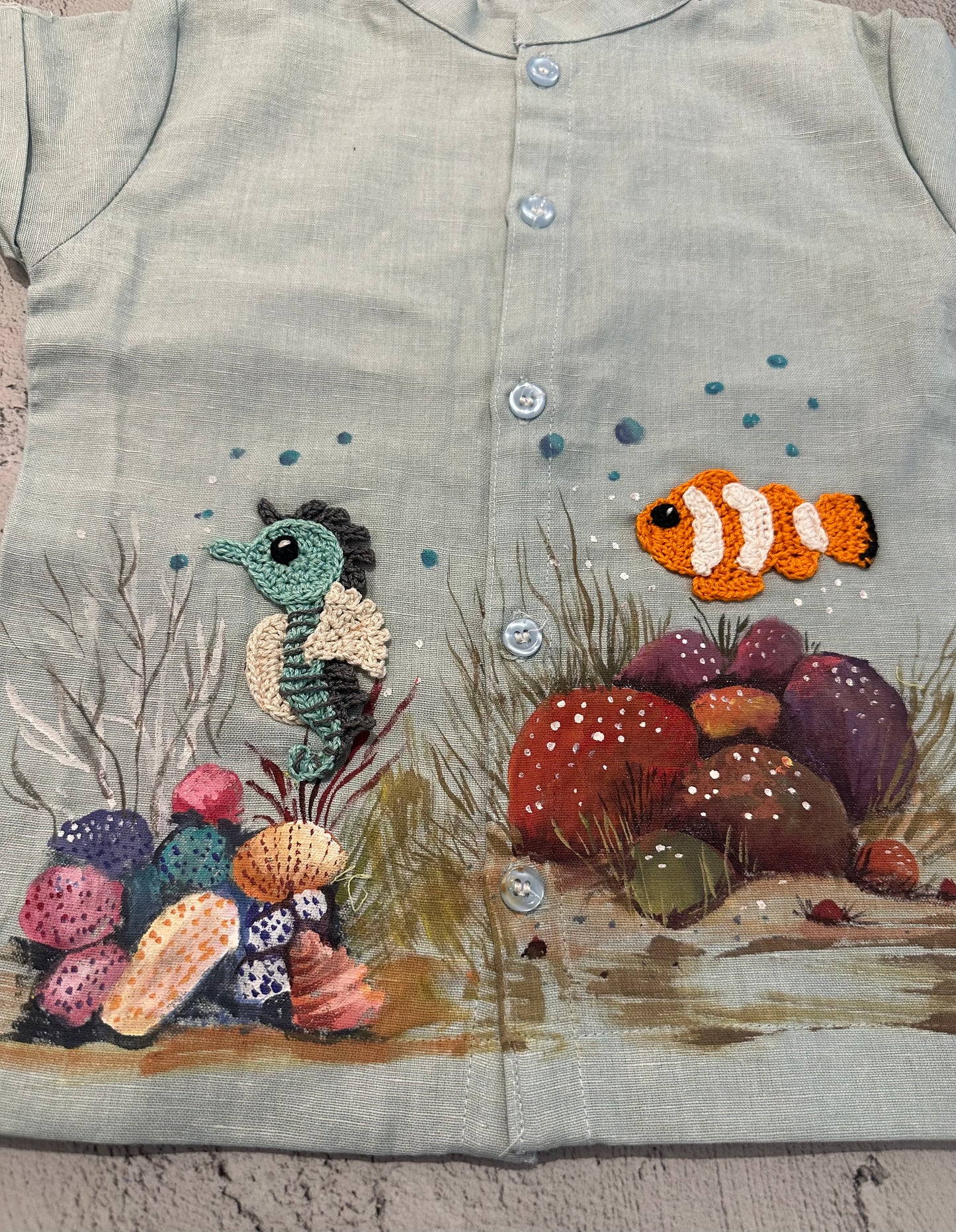 Ocean Tales Blue Hand-Painted & Crochet Shirt