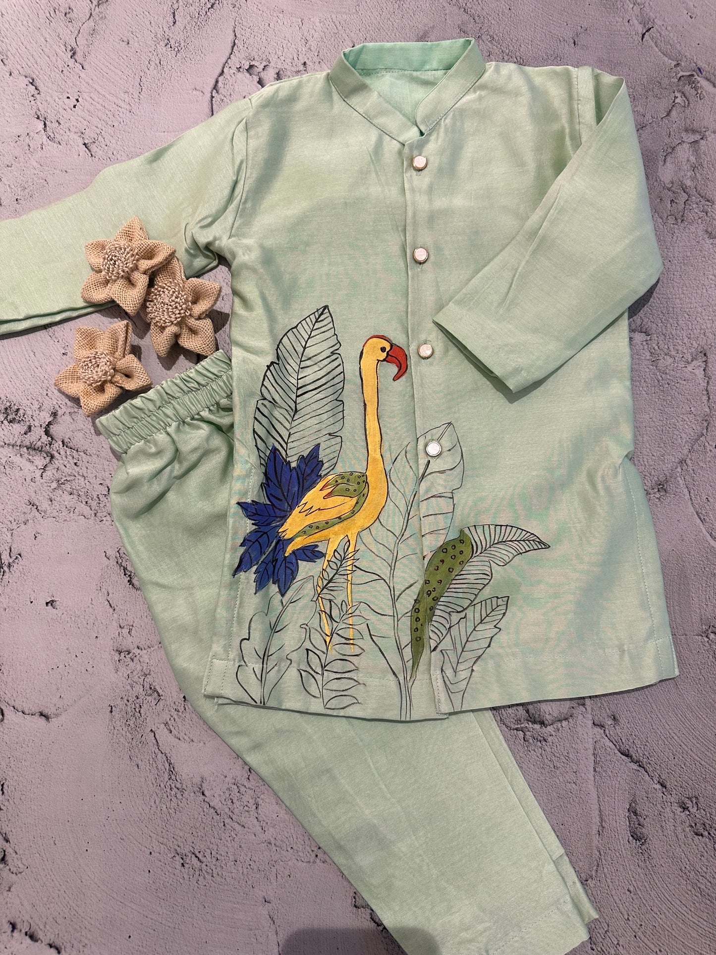 Mint Flamingo Hand-Painted Kurta Set