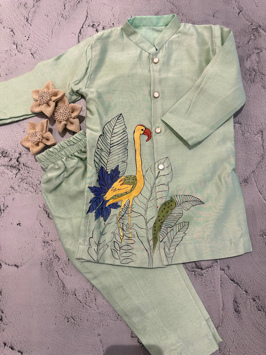 Mint Flamingo Hand-Painted Kurta Set