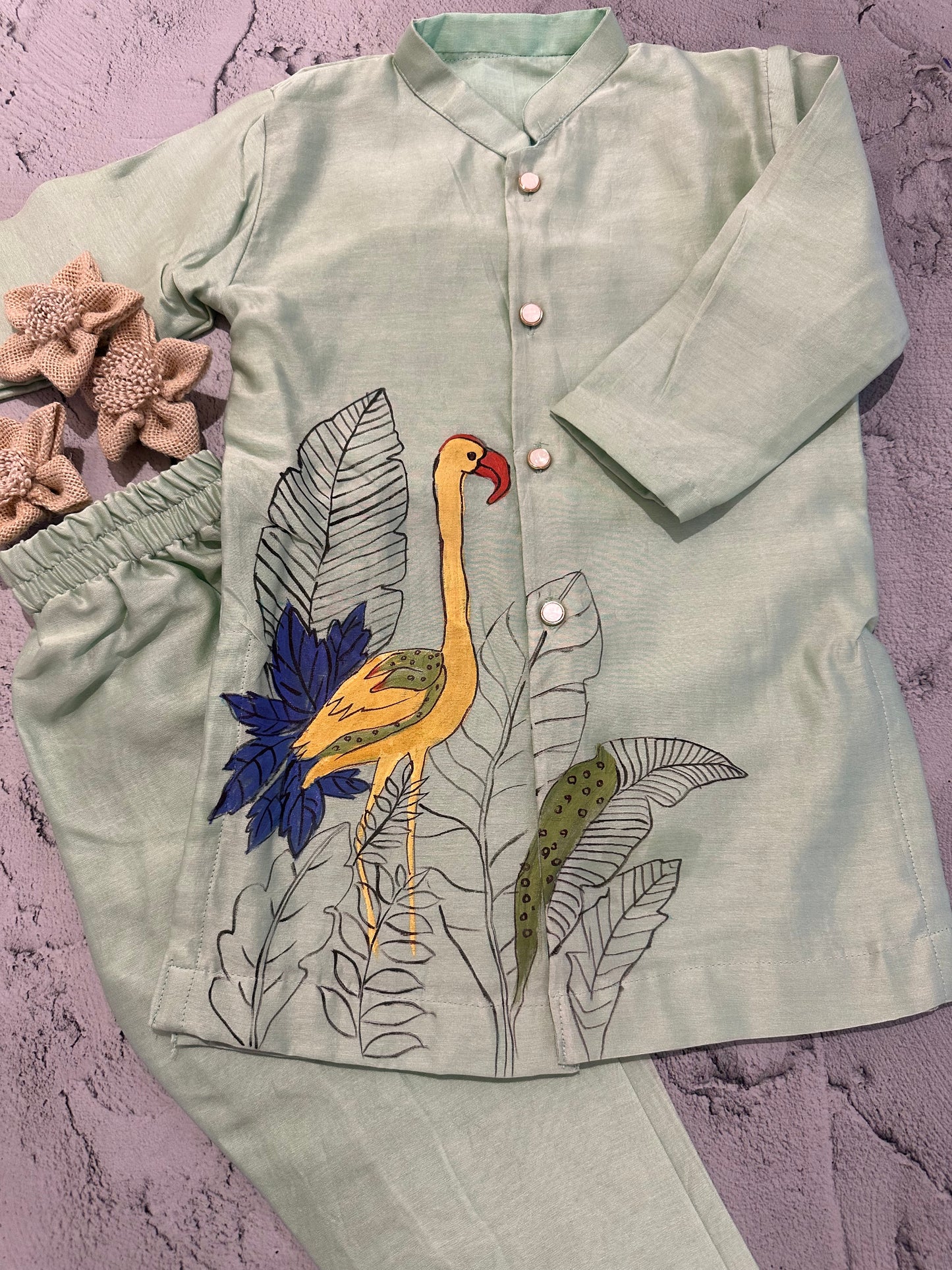 Mint Flamingo Hand-Painted Kurta Set
