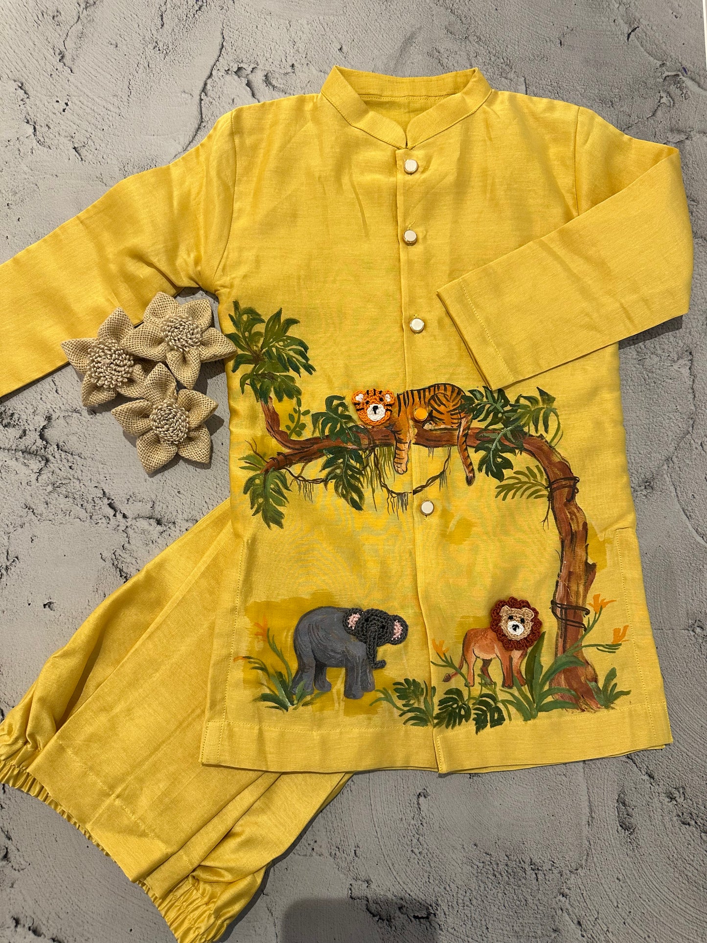 Sunlit Jungle Hand-Painted Crochet Kurta Set