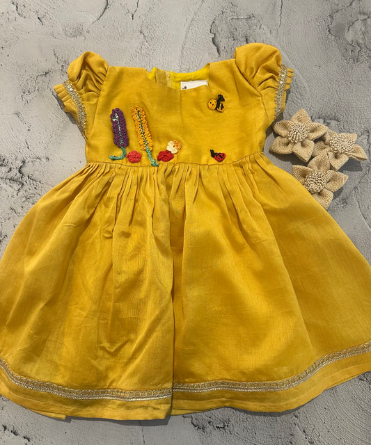 Golden Meadow Crochet Puff Sleeve Dress