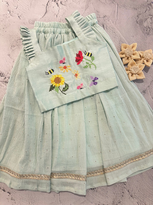 Mint garden cross stitch skirt set