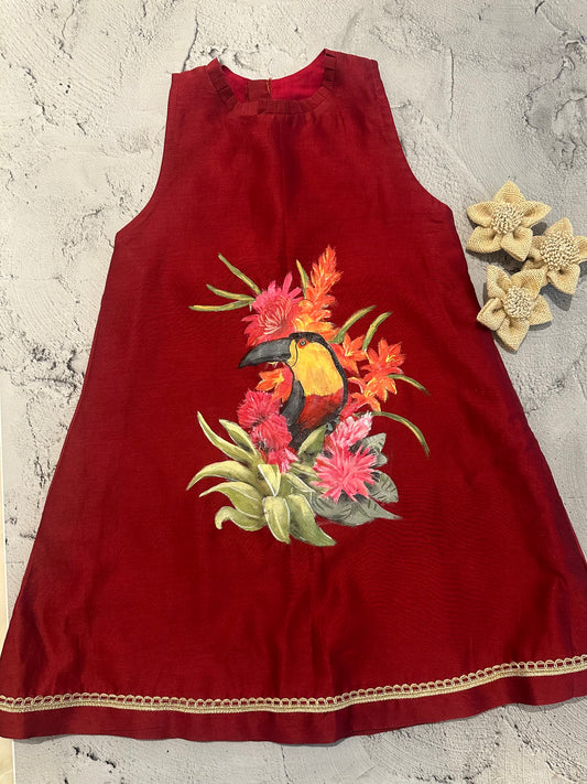 Scarlet Toucan Garden Hand-Painted Chanderi Frock