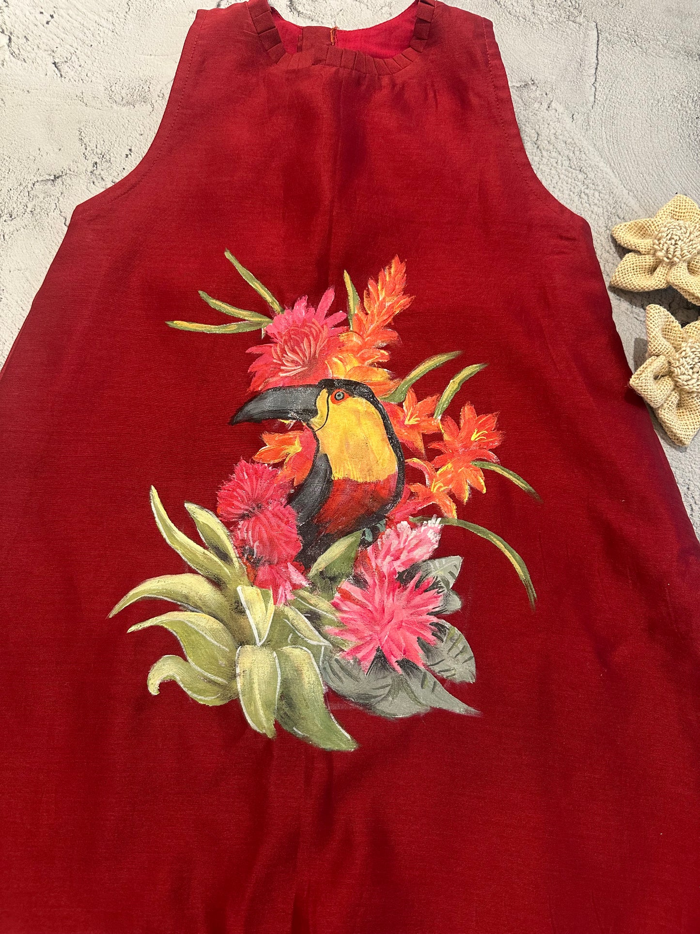 Scarlet Toucan Garden Hand-Painted Chanderi Frock