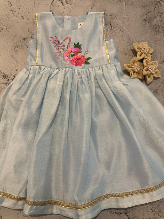 Powder Blue Flamingo Garden Hand-Painted Chanderi Dress