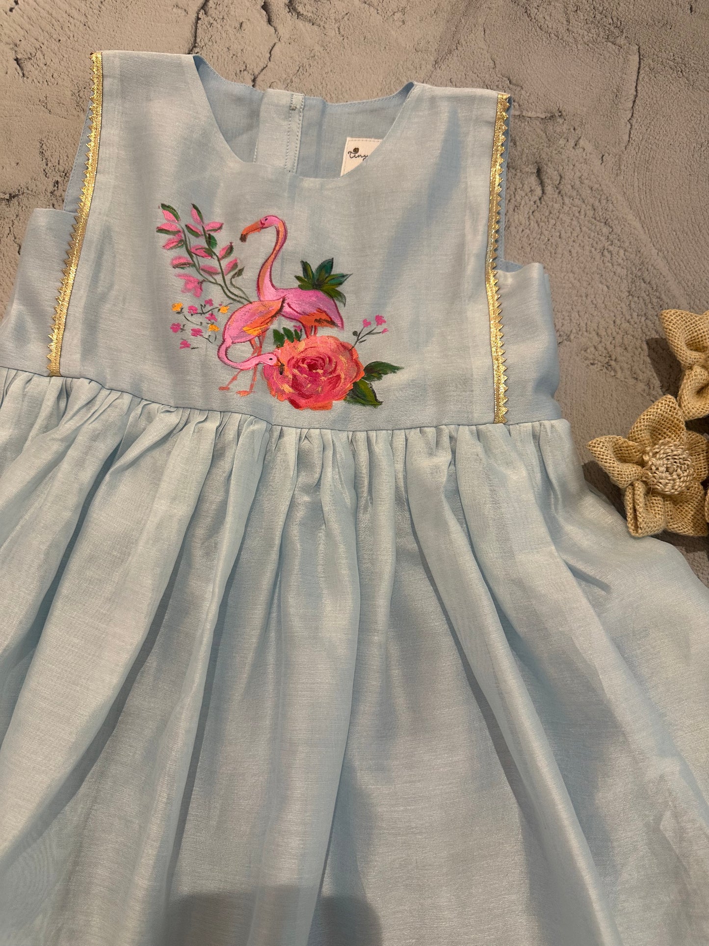 Powder Blue Flamingo Garden Hand-Painted Chanderi Dress