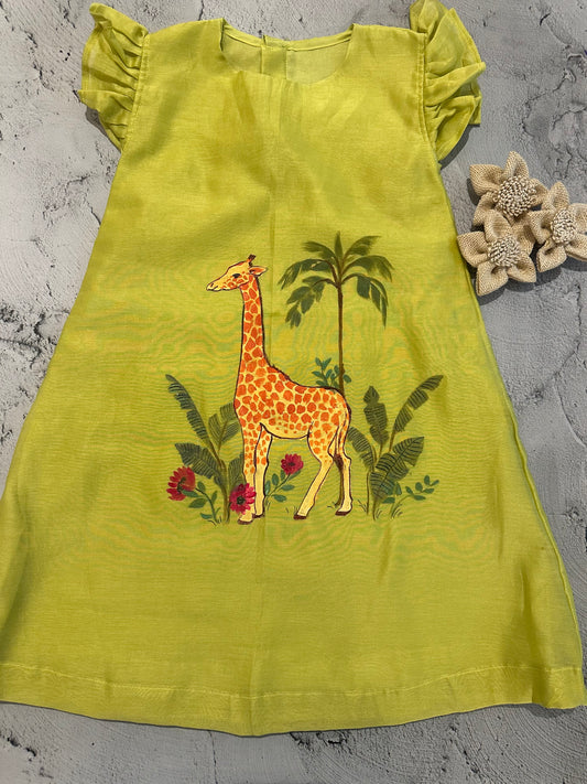 Lime Giraffe Garden Hand-Painted Chanderi Frock