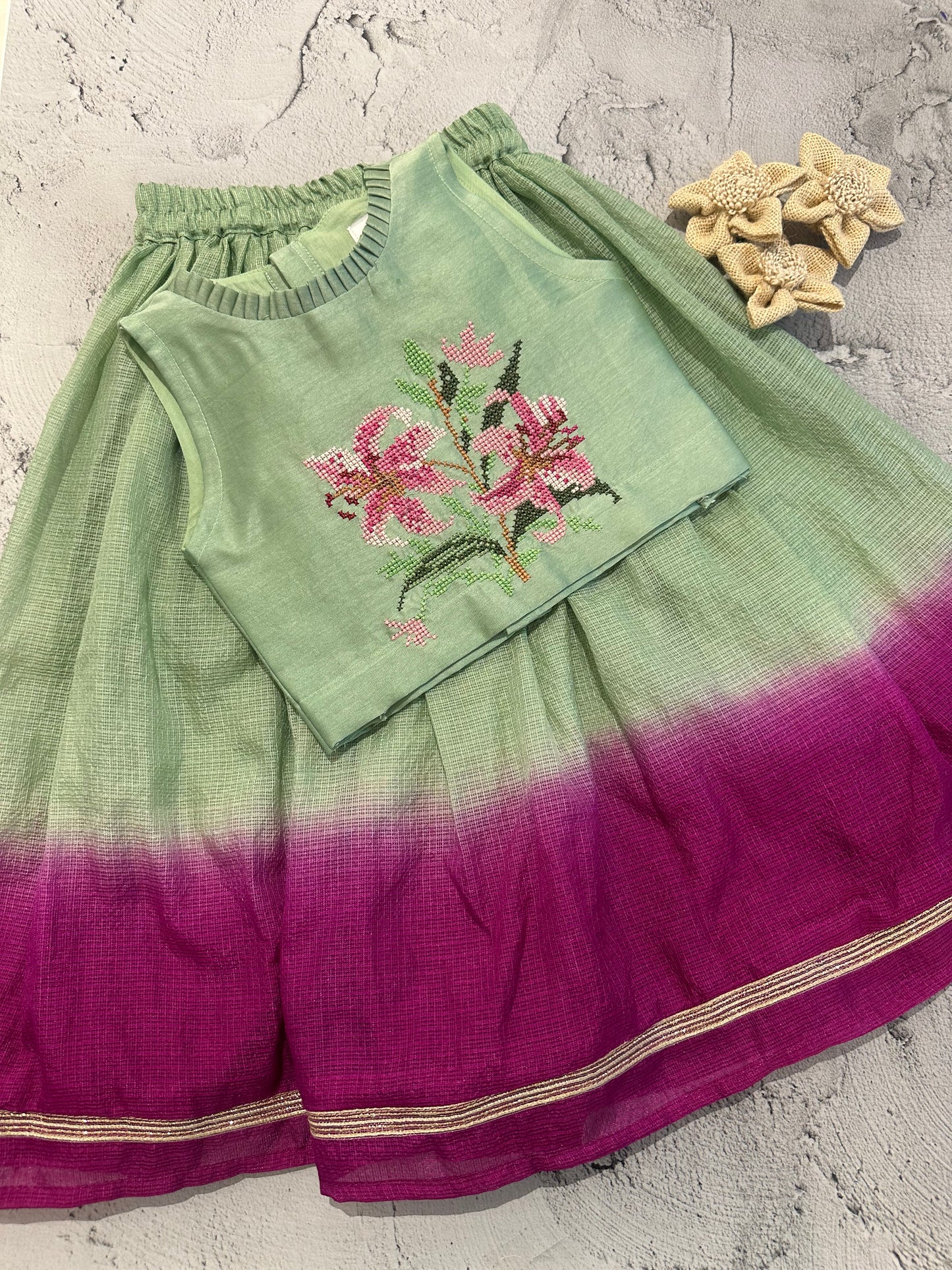 Mint and magenta lily cross stitch skirt set (1-2 years)