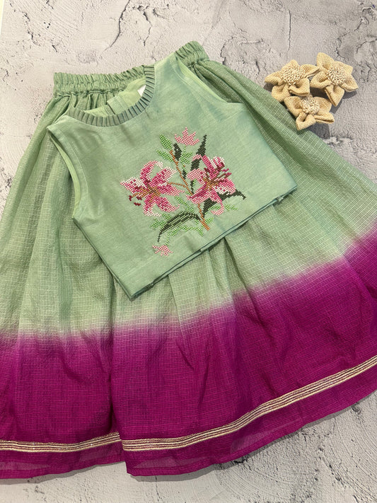 Mint and magenta lily cross stitch skirt set (1-2 years)