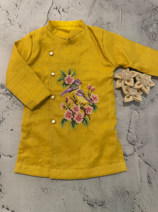 Yellow Bird Cross-Stitch Tissue Chanderi Kurta Set