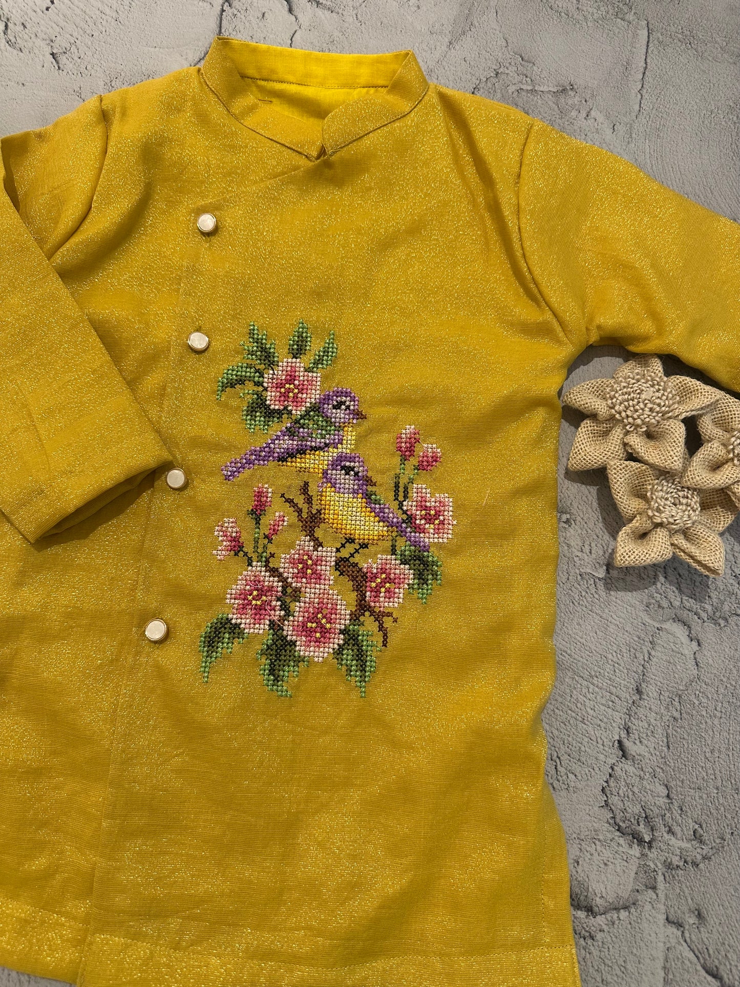 Yellow Bird Cross-Stitch Tissue Chanderi Kurta Set
