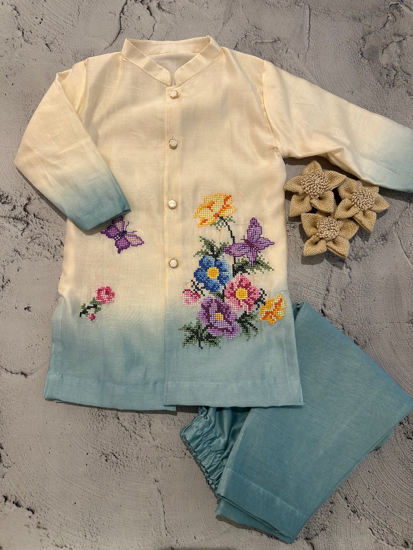 Ivory Blue Ombre Cross Stitch Kurta Set