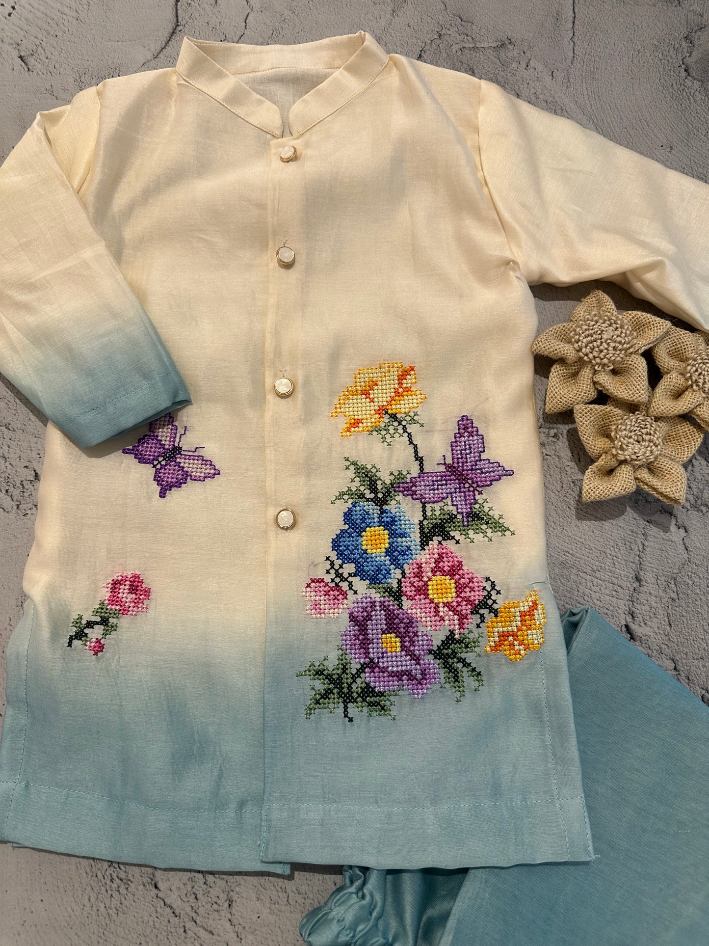 Ivory Blue Ombre Cross Stitch Kurta Set