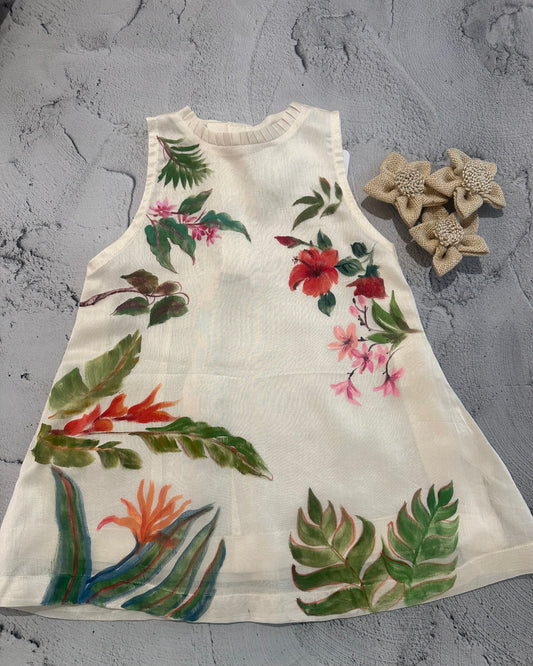 Garden Bloom Off-White Hand-Painted Chanderi A-Line Dress