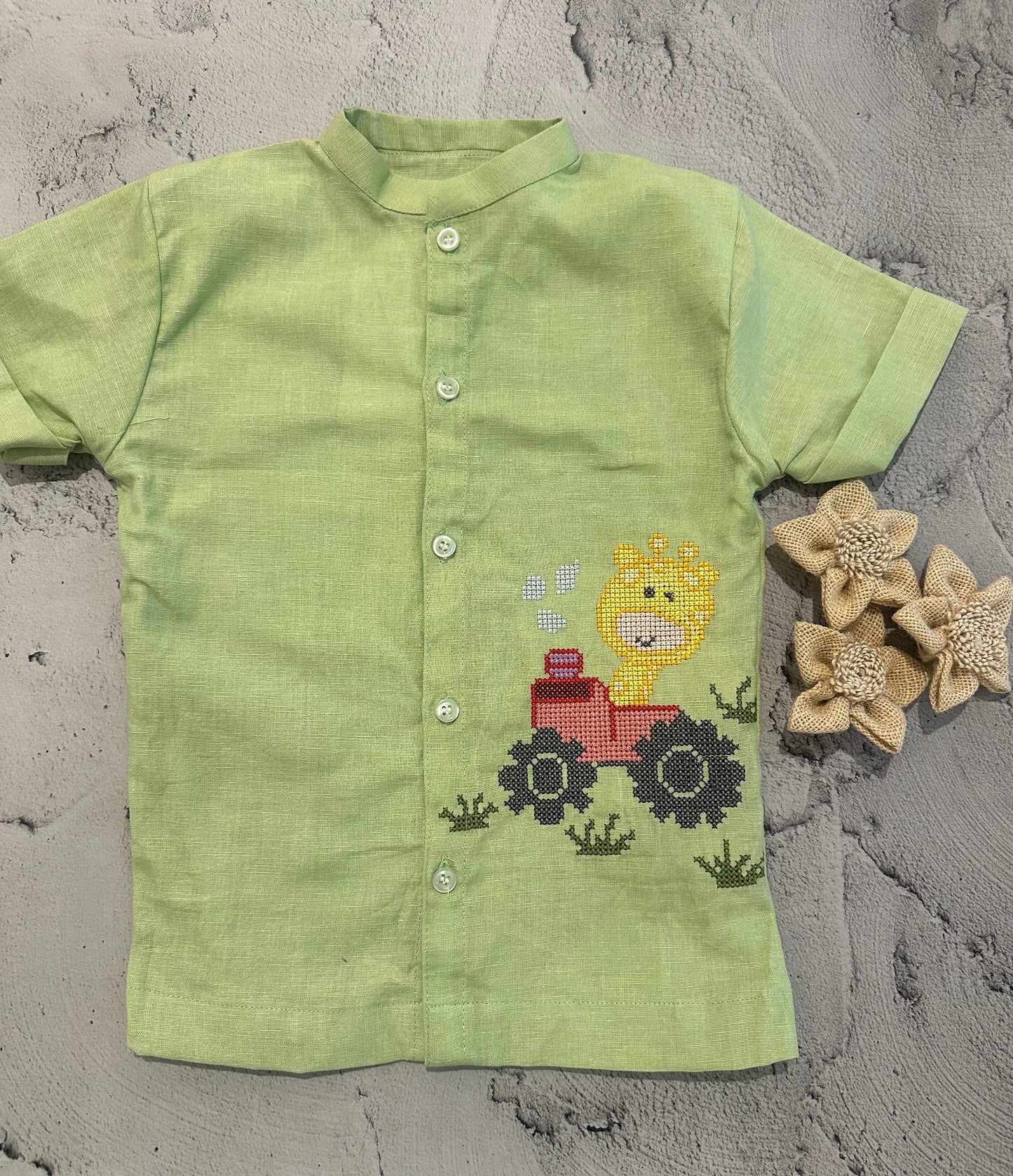 Green Linen Cotton giraffe Cross-Stitch Shirt