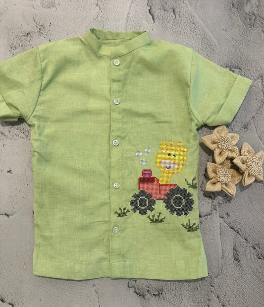 Green Linen Cotton giraffe Cross-Stitch Shirt