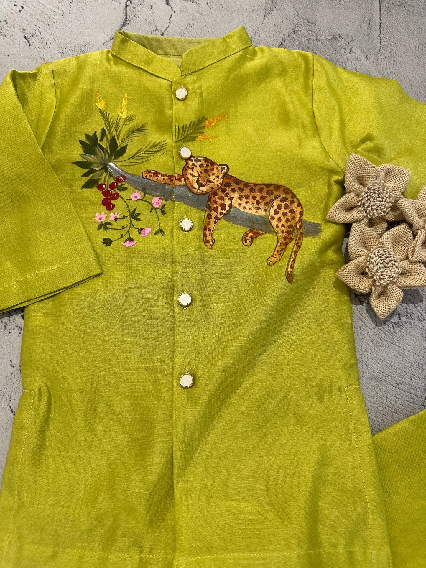 Lime Jungle Leopard Hand-Painted Kurta Set
