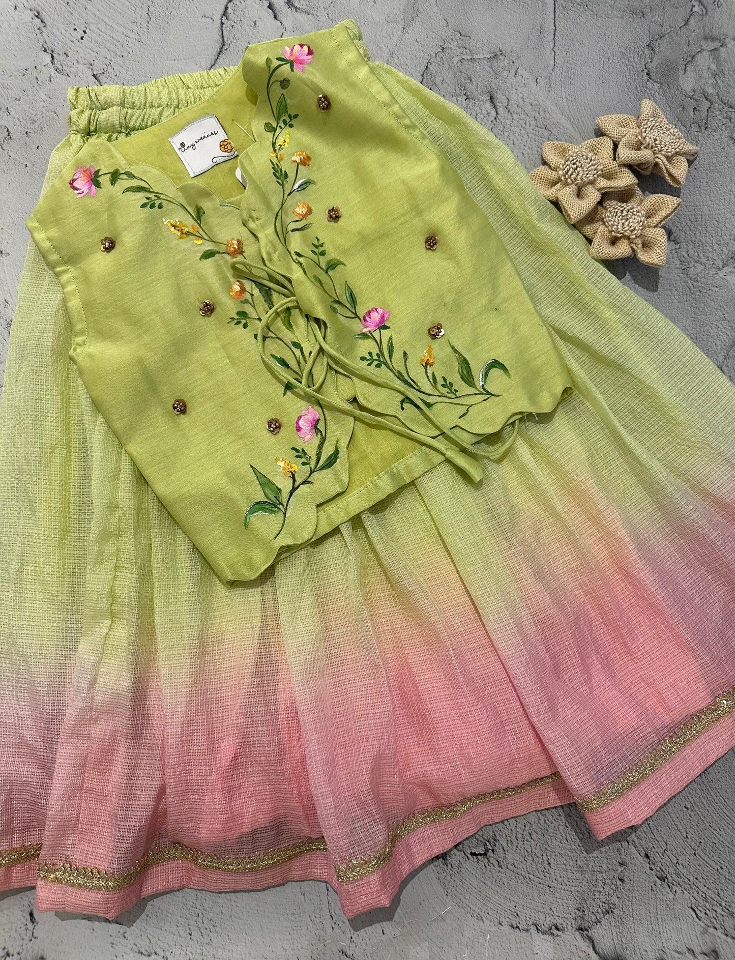 Green & Blush Ombre Hand-Painted Kota Skirt with Chanderi scallop Blouse