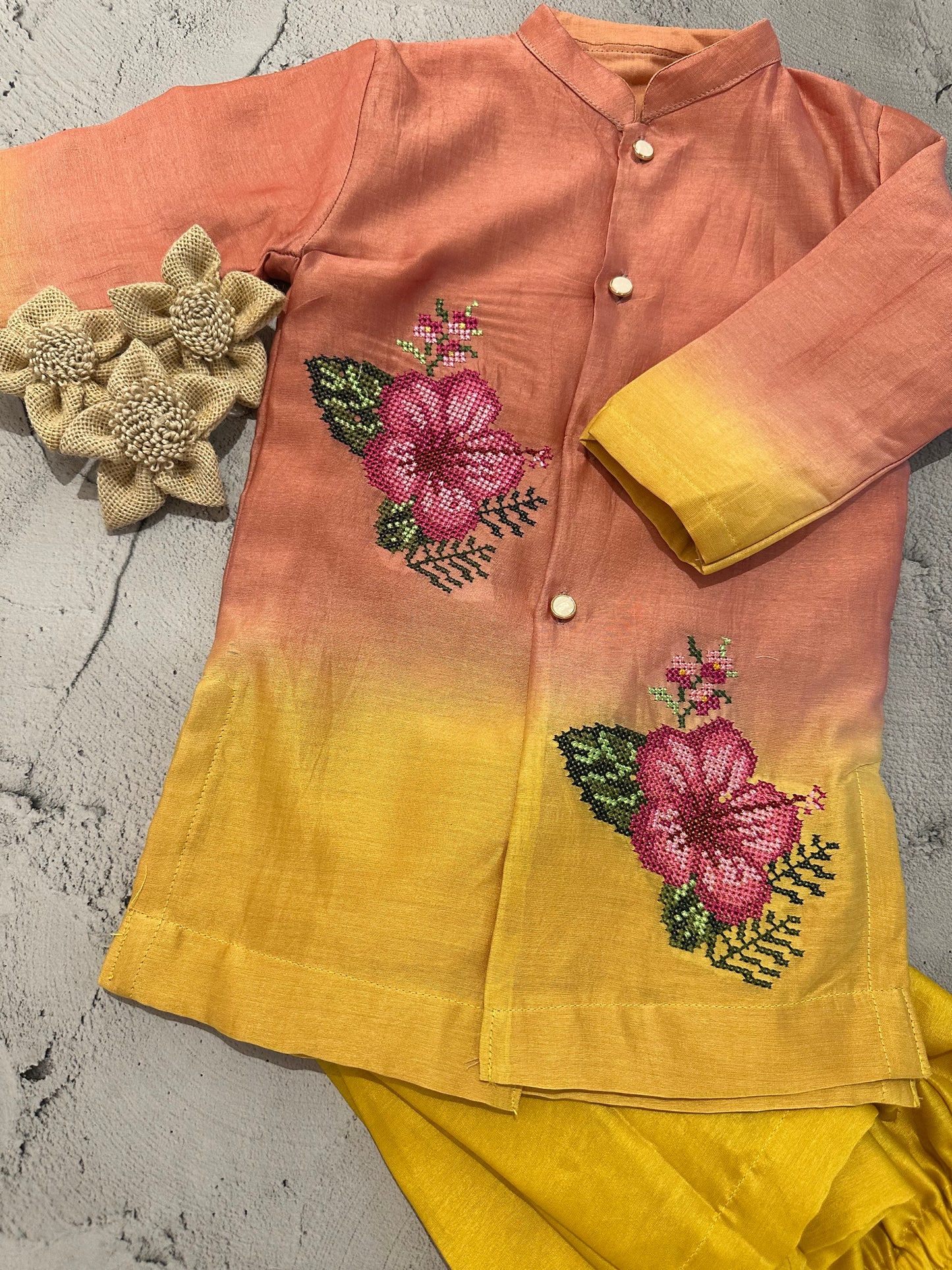 Sunset Bloom Ombre Cross-Stitch Kurta Set