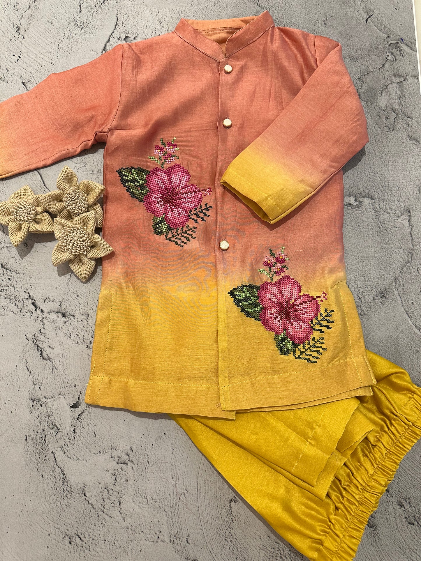 Sunset Bloom Ombre Cross-Stitch Kurta Set